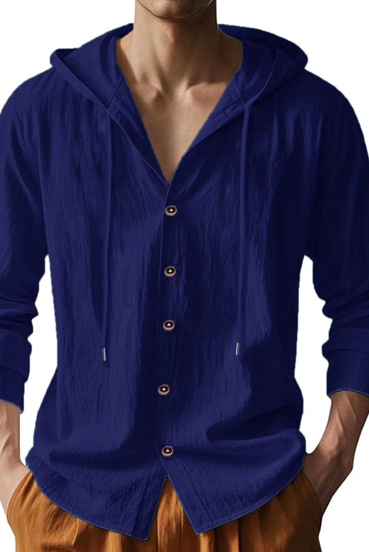 Summer Hot Sale Beach Style Shirts Men's Long-Sleeved Hooded Cotton Linen Solid Color Casual Collar Shirt