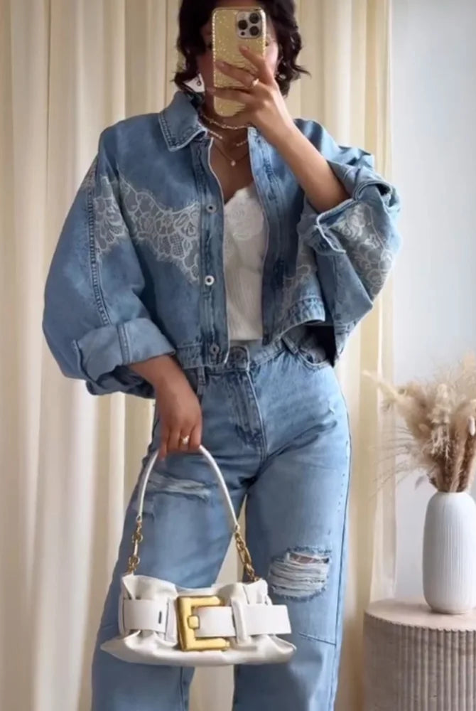 Spring women chic denim jacket with lace long sleeves and a white belt, paired with distressed mid-rise jeans in a 2-piece