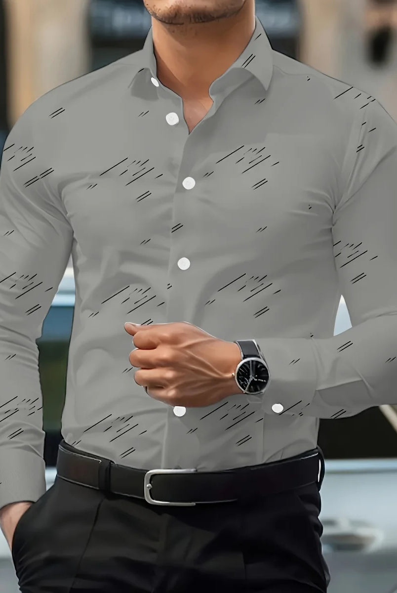 Men's Trendy Geometric 3D Line Print Long-Sleeved Button-Up Shirt in white, casual fashion with lapel collar, slim fit.