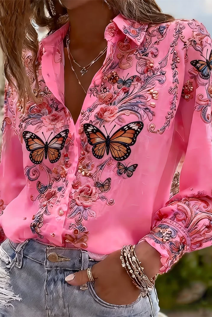 New 11 color long-sleeved women's shirt with 3D butterfly and floral embroidery, tree branch pattern on lapel, made of soft fabric.