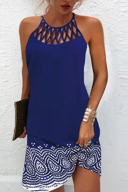 2024 Summer National Wind Positioning Printing Mesh Belt Sleeveless Casual Dress in blue with geometric mesh neckline and patterned hem.