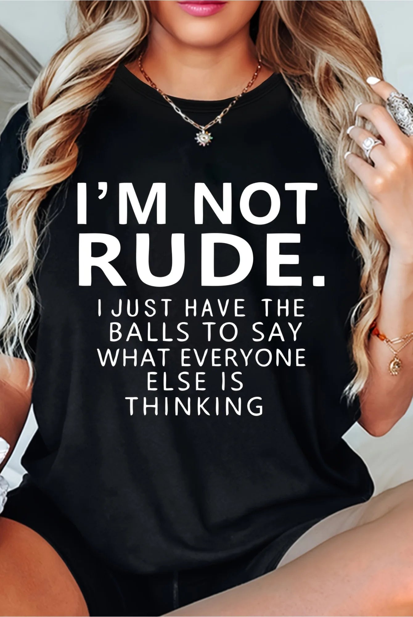 Womens black T-shirt with Im Not Rude printed in white, casual short sleeve round neck top made of soft fabric for women.