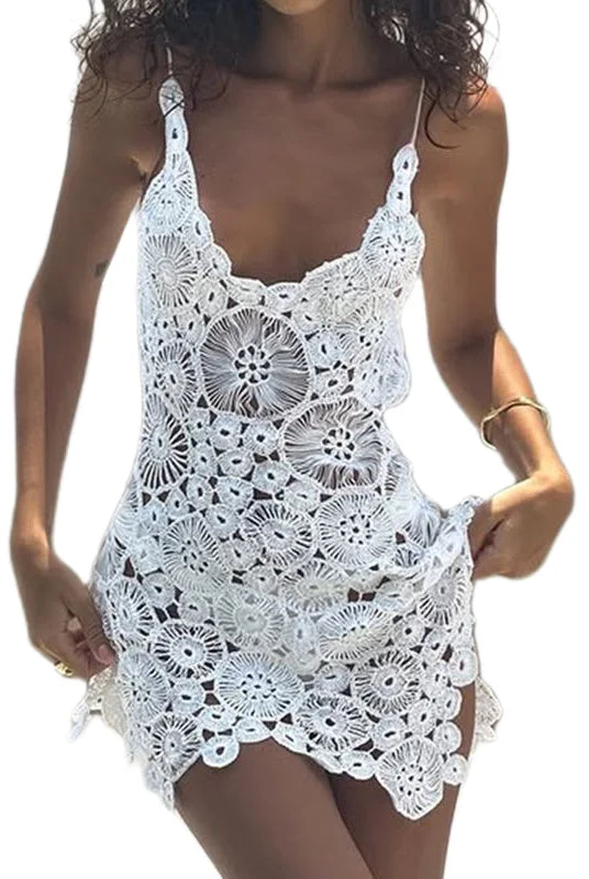 Combhasaki Women Summer Boho Knitted Crochet Halter Neck Swimsuit Coverups VNeck Hollow Out Irregular Hem Short Mini Beach