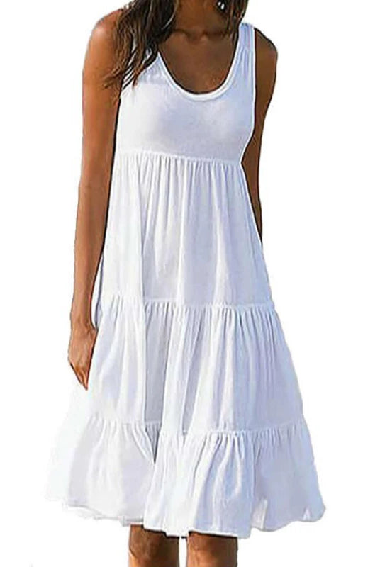 Women Casual Solid Mini Dress 2024 Summer sleeveless sundress with ruffles, loose fit, white color, ideal for beach and