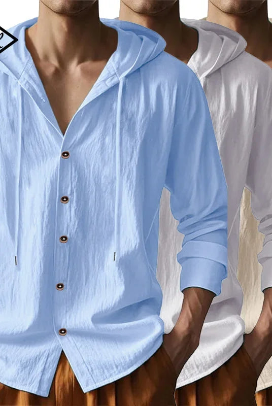 Summer Hot Sale Beach Style Shirts Men's Long-Sleeved Hood Cotton Linen Solid Color Casual Collar Top in blue, white, and