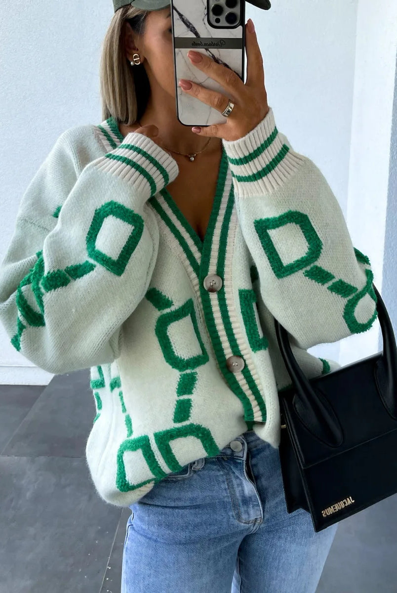 Autumn Winter Jacquard Knitted Coat Women Fashion V-neck long sleeve single breasted cardigan in cream and green, styled for