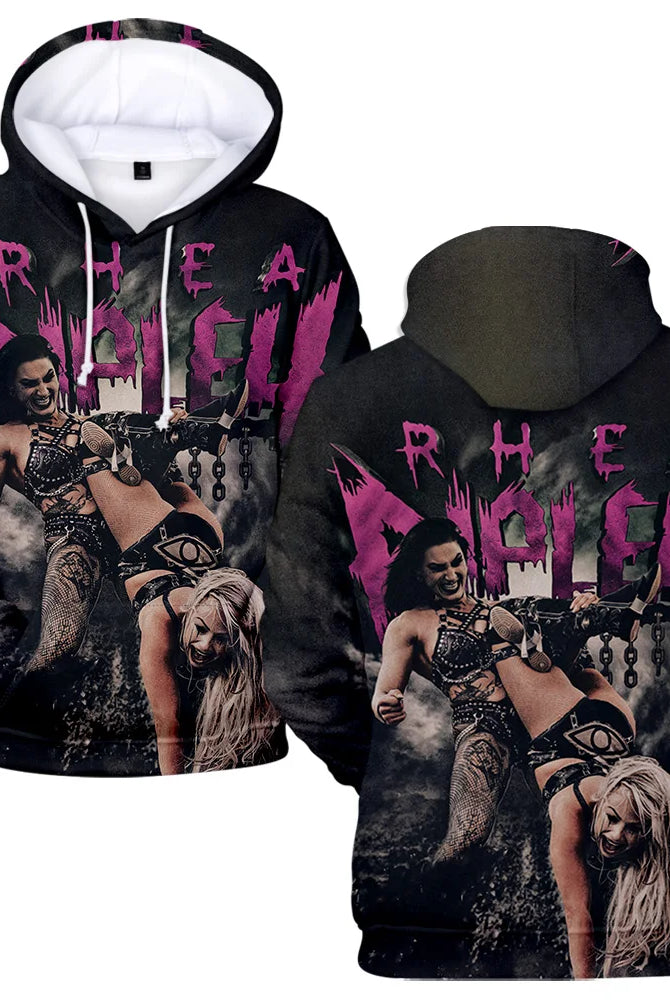 Rhea Ripley Hoodie Merch for women and men featuring a graphic of wrestlers with purple text, suitable for streetwear and sportswear.