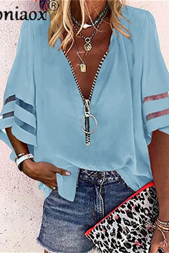 Sexy Lace Patchwork Flared Sleeve Mesh Solid Shirt Blouse 2022 summer women Zipper V-neck loose casual tops T-Shirt worn