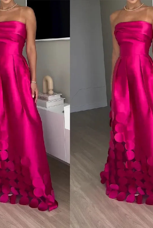 European and American fashion strapless high-waisted evening gown made of vibrant pink wafer satin with circular