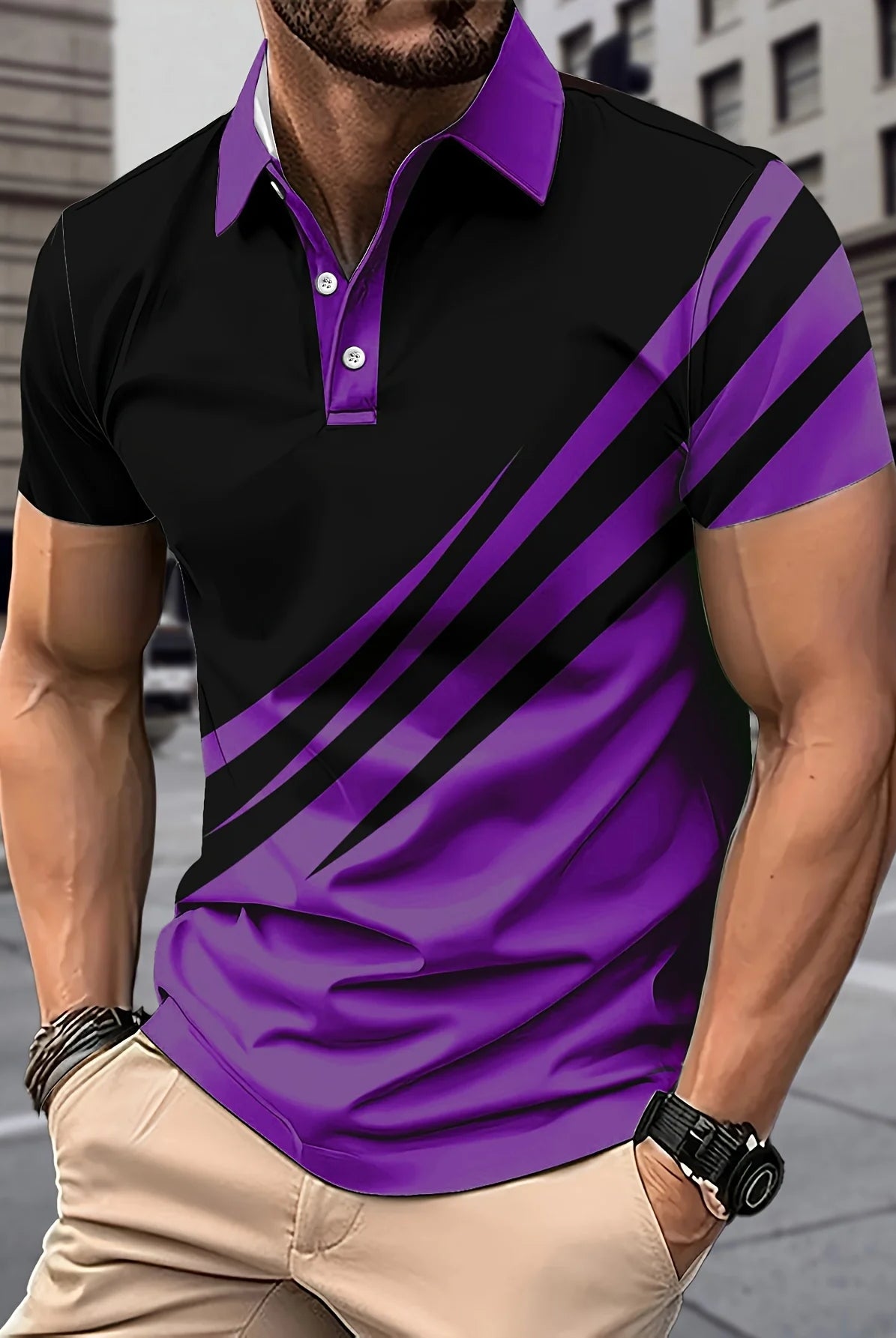 Men's Color block Short Sleeve Golf T-shirt with purple and black design, collared, suitable for summer business and tennis