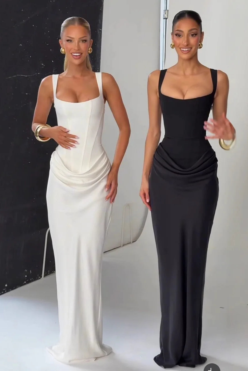 Mingmingxi White Sexy Corset Maxi Dress and Black Evening Gown for women, elegant long formal dresses for parties and prom