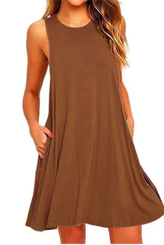 Women's Dress Summer Casual T Shirt Dresses Beach Cover Up Plain Pleated Tank Pockets Dress in brown, sleeveless, knee-length, lightweight fabric.