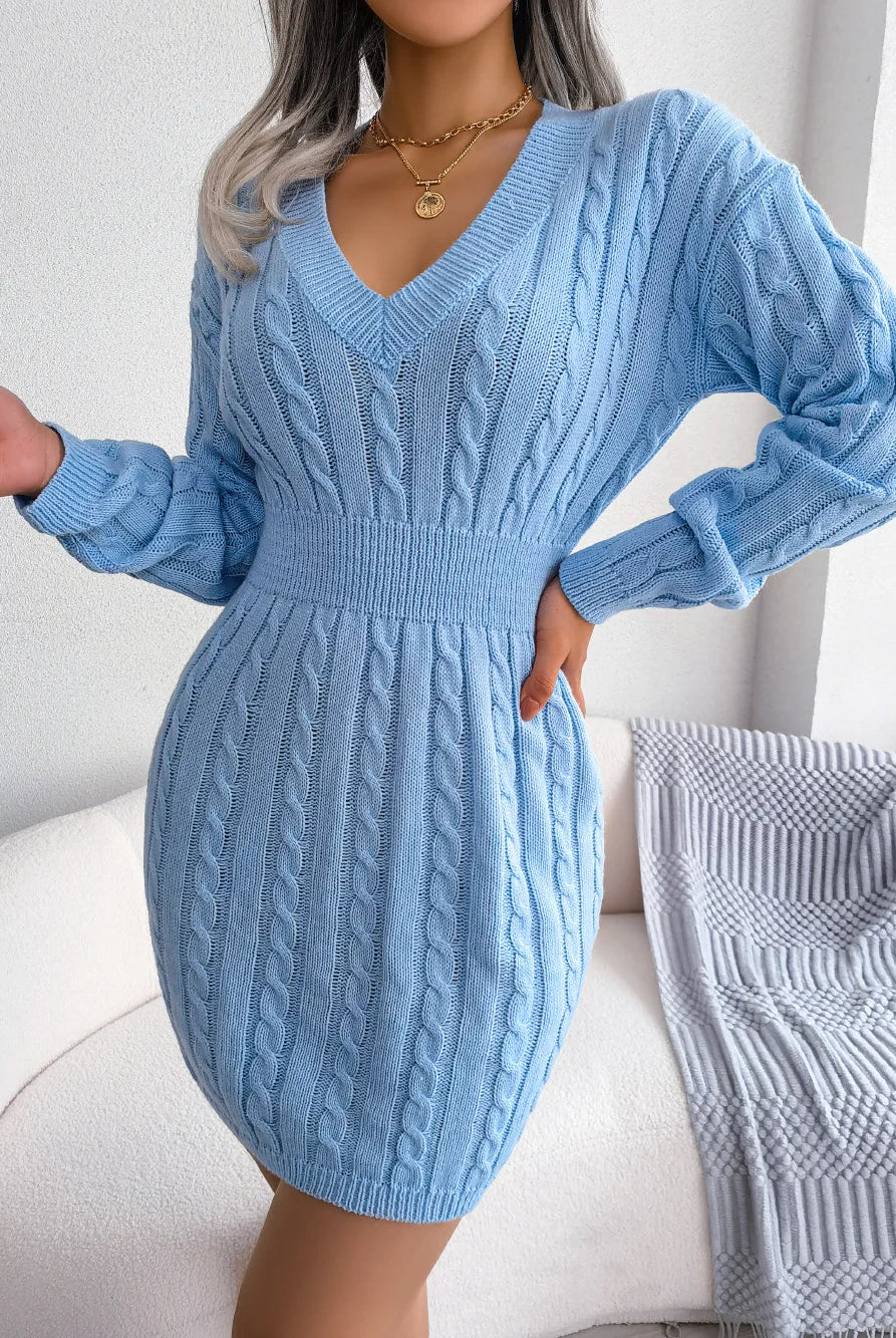 VigoCasey 2025 V Neck Casual Short Knit Dress in khaki, long sleeve, solid bodycon sweater dress for autumn and winter women.