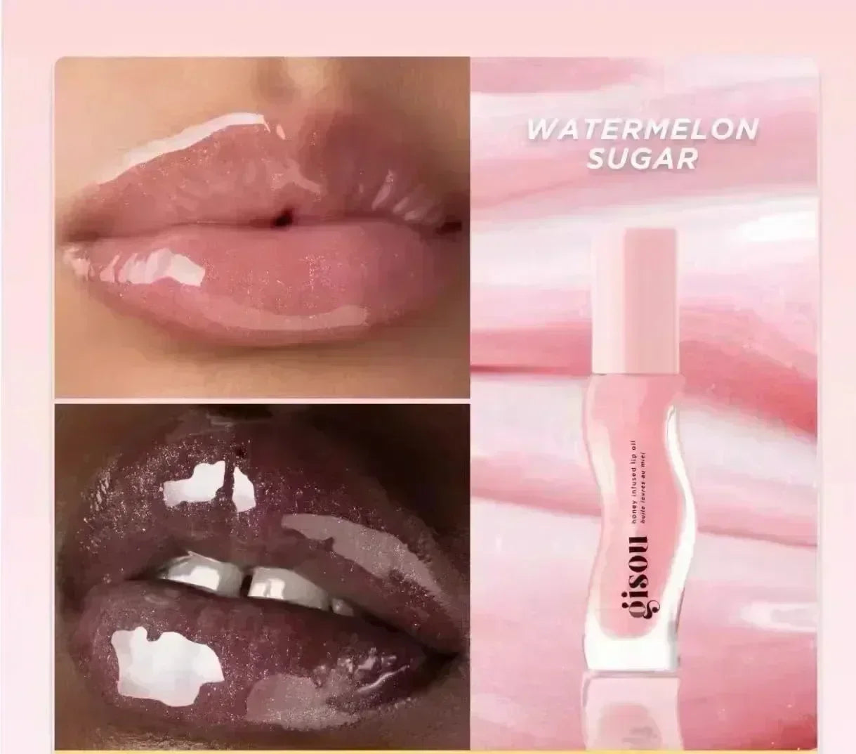 Gisou Moisturizing Watermelon Lip Balm Lip Oil Gloss showing glossy lips and a watermelon sugar flavor in pink packaging.