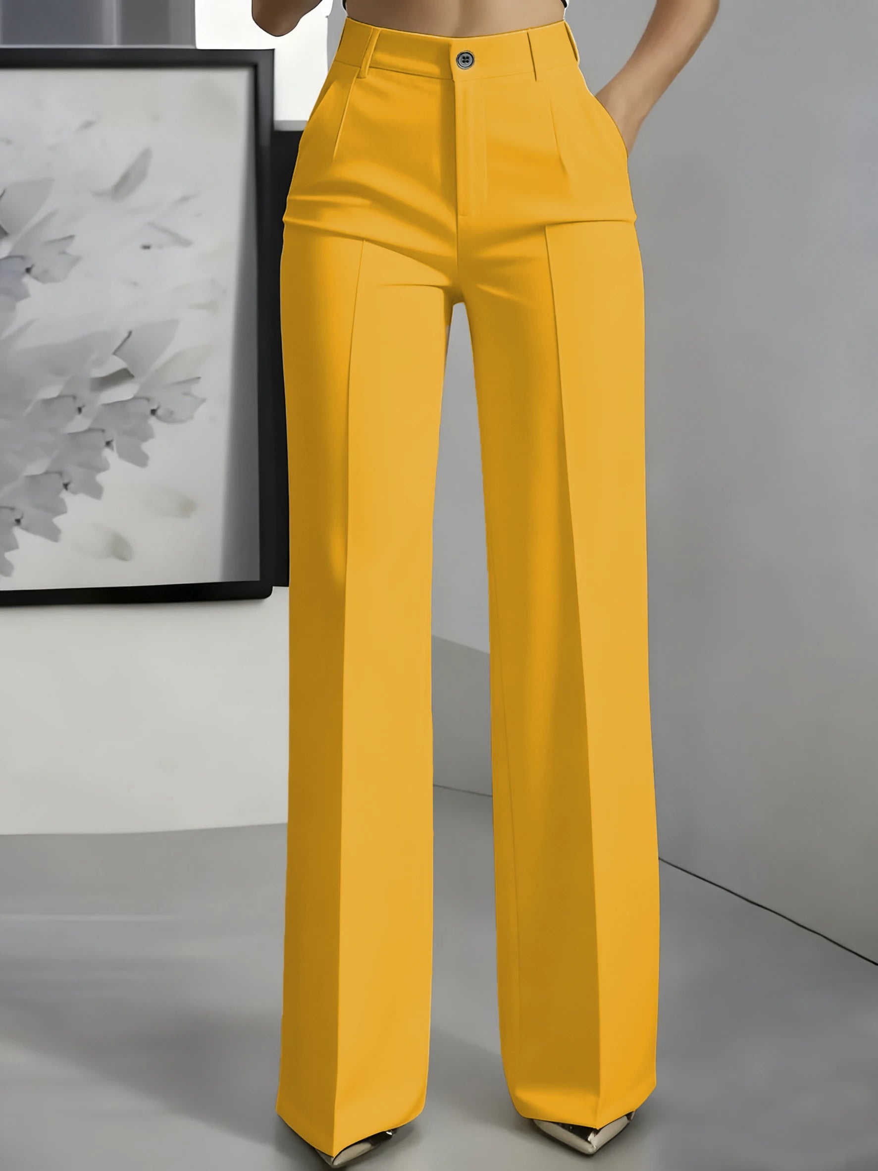 New 2025 Women's High-Waisted Draped Straight-Cut Suit Pants in bright yellow, made of smooth fabric, styled for European American cross-border fashion.