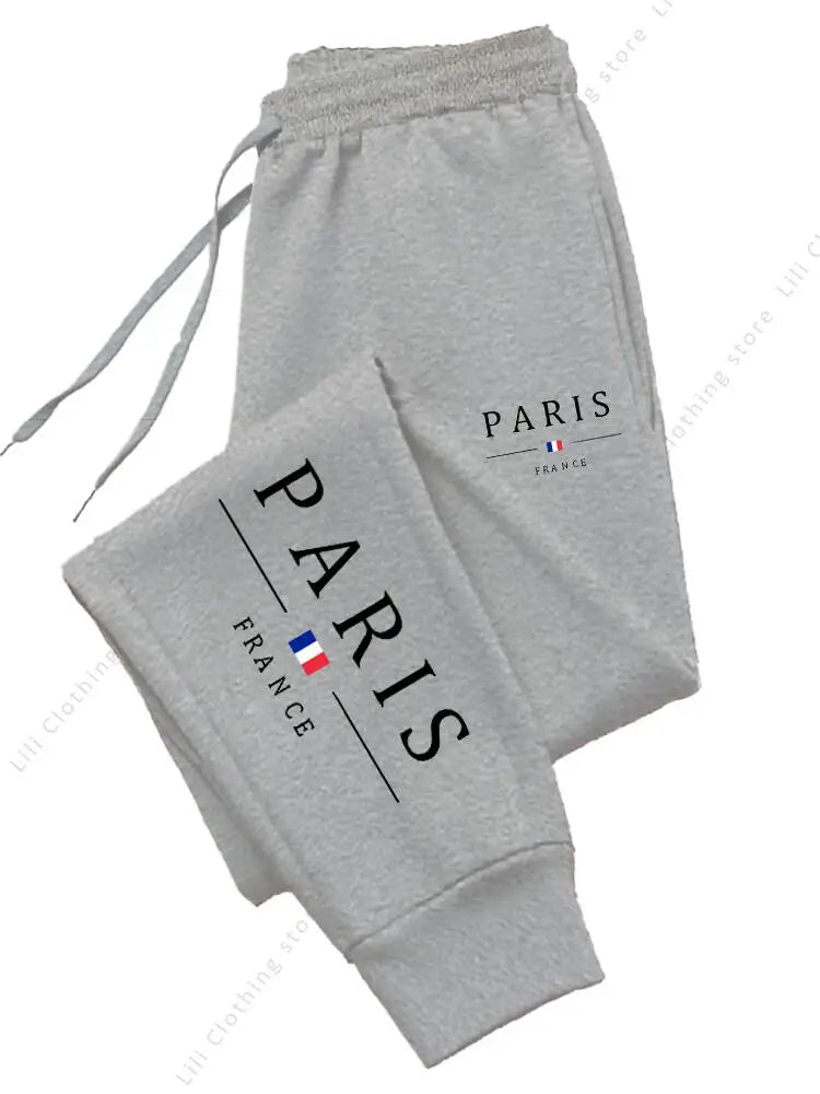 2025 New Hot Sale PARIS Jogger Pants for Women's Trousers with PARIS FRANCE print, gray fleece material, high waist, casual