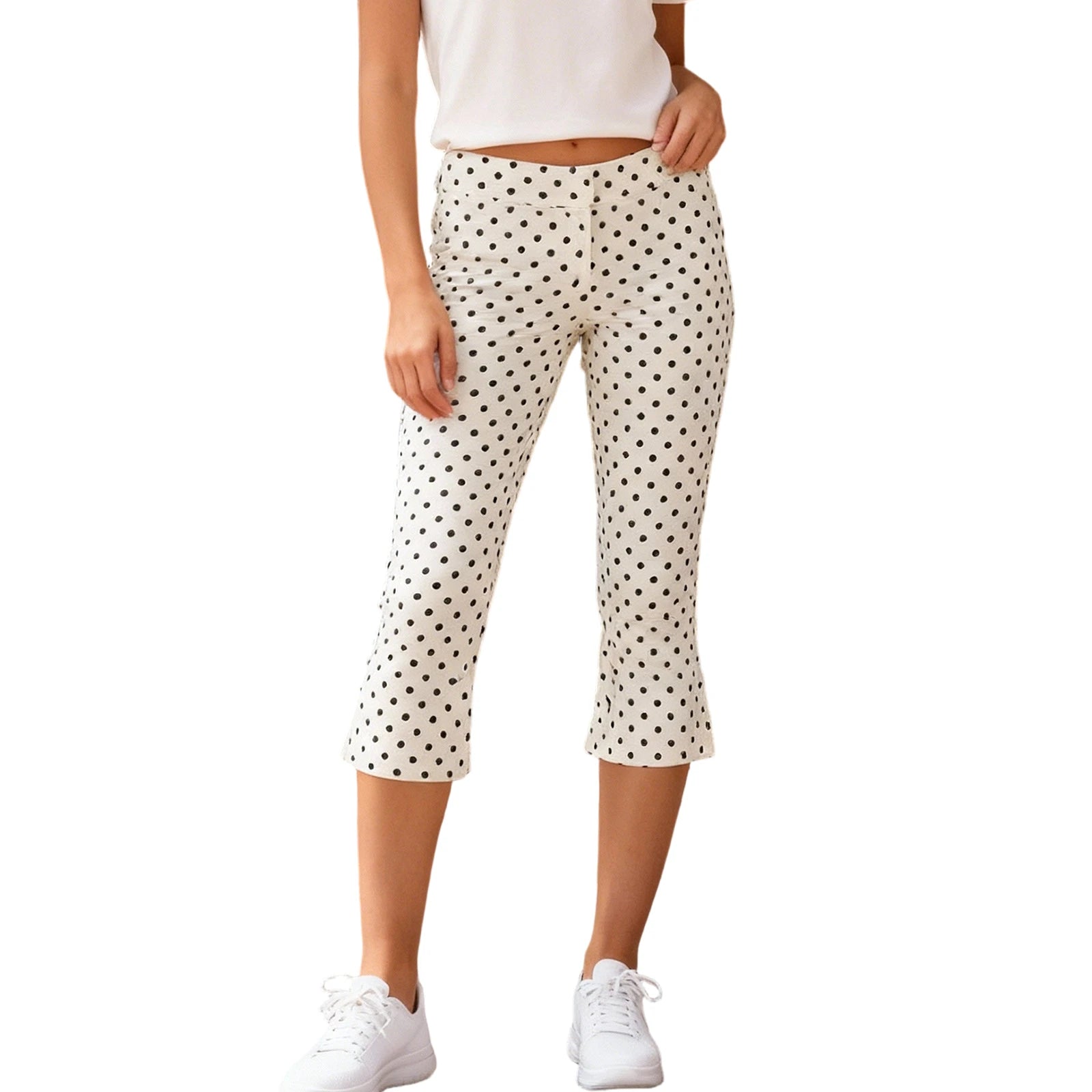 Women Summer Capri Pants Casual Low Waist Solid Color and Dot Print Slim Fit Cropped Trousers in beige with black dots