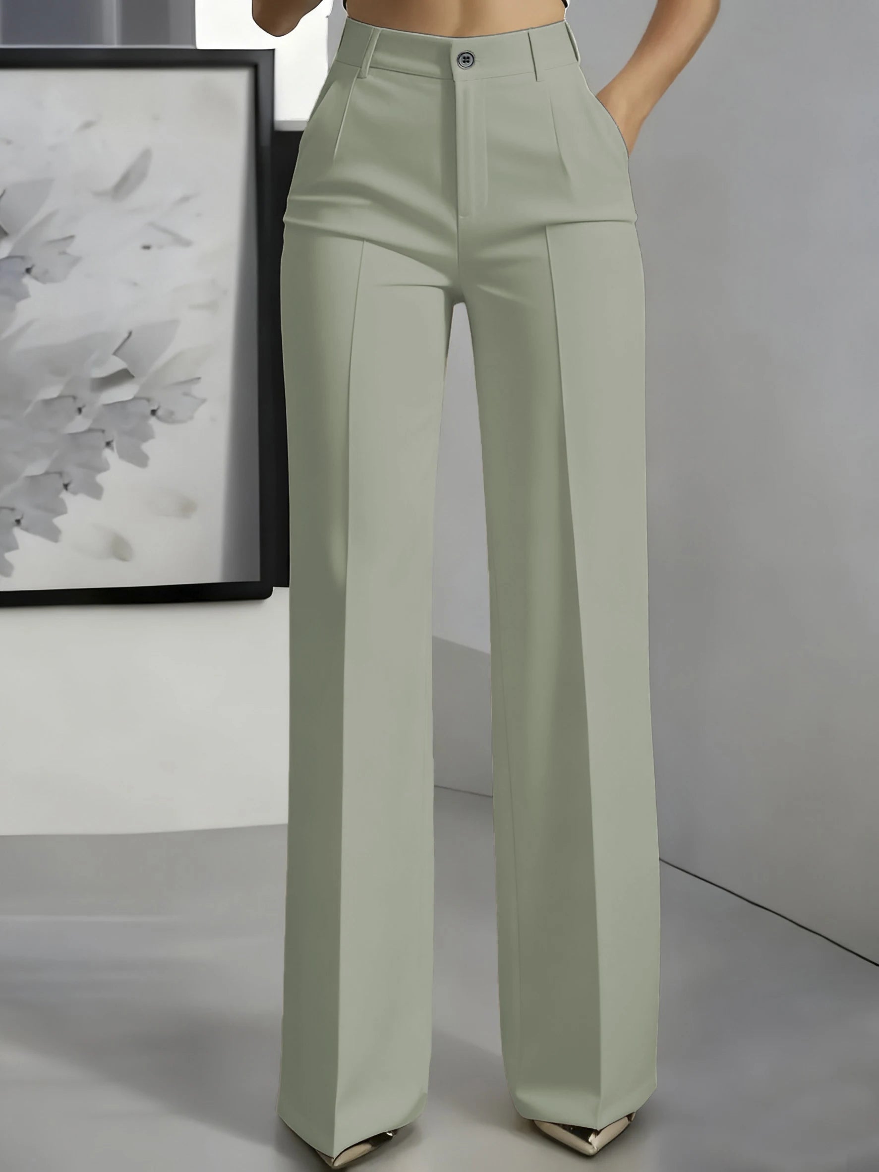 New 2025 Women's High-Waisted Draped Straight-Cut Suit Pants in light beige, made of smooth fabric, designed for elegant professional wear.