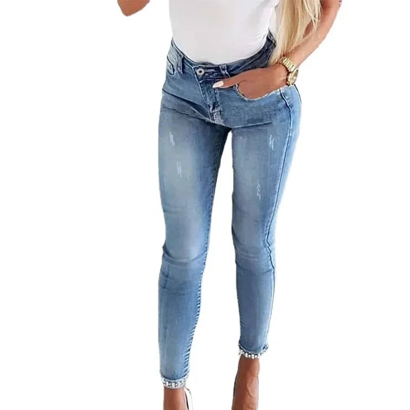 Slim Fit Denim Jeans Butterfly Stick Flower Bead Open Split Ankle Length Slimming Pencil Long Trousers for women