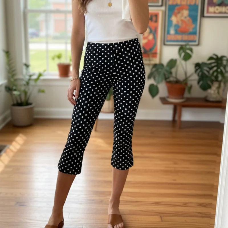 Women Summer Capri Pants Casual Low Waist Solid Color Dot Print Slim Fit Cropped Trousers, black with white dots, worn with