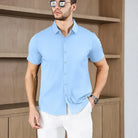 New Men's Business Casual Short Sleeved Shirt in light blue, breathable fabric, no ironing, versatile summer top.
