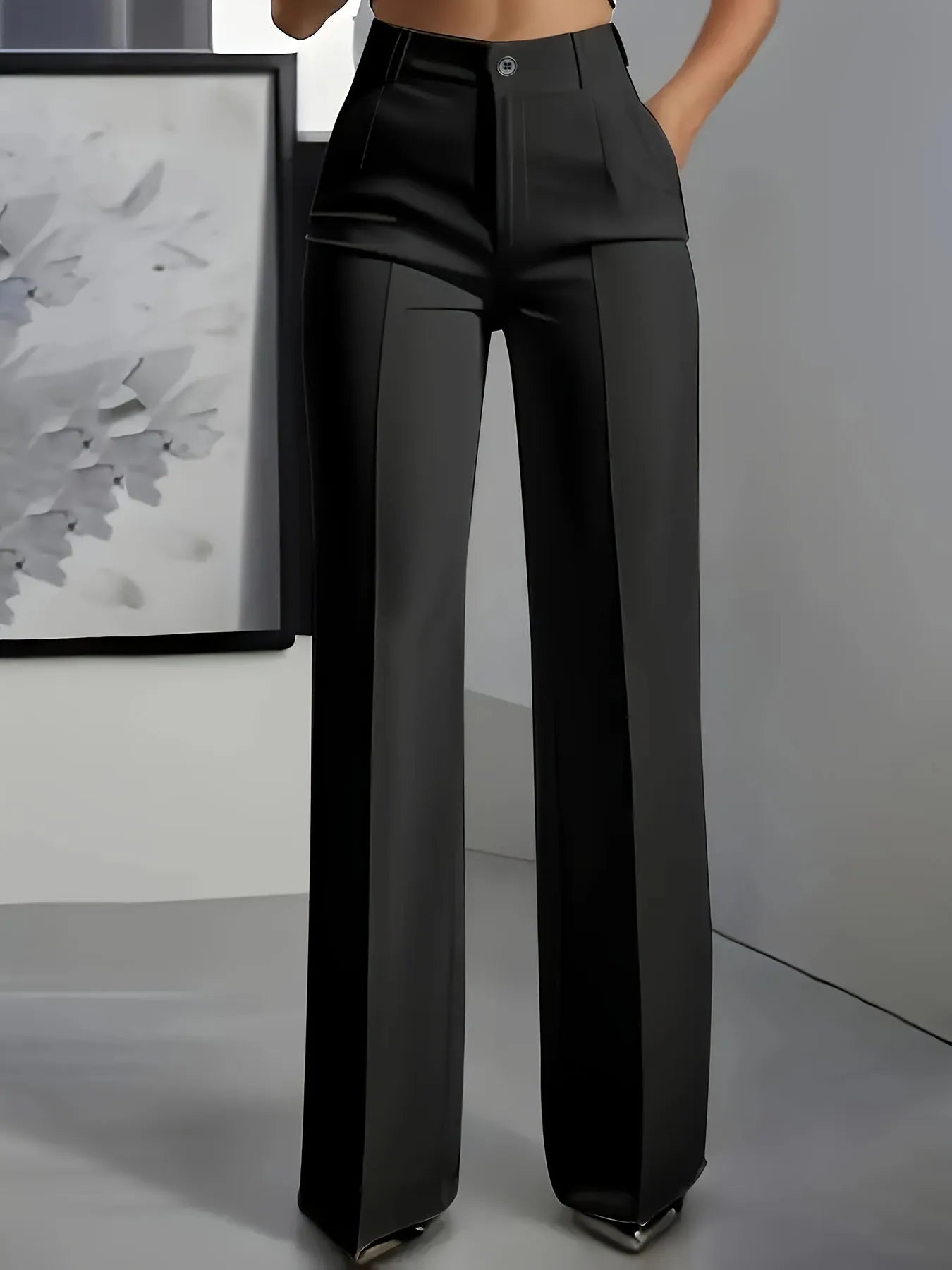 Women's High-Waisted Straight-Leg Trousers formal black office trousers with slim fit cut, made of solid-color fabric for professional wear.