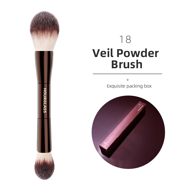 Hourglass Veil Powder Brush with black handle and soft bristles, designed for applying powder, concealer, blush, bronzer, eye shadow, eyebrows, and eyeliner.