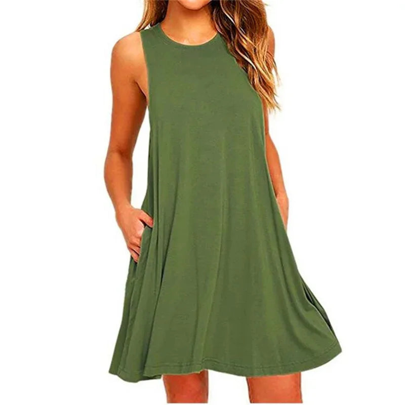 Women's Dress Summer Casual T Shirt Dresses Beach Cover up Plain Pleated Tank Pockets Dress in green, sleeveless, knee-length, lightweight fabric.