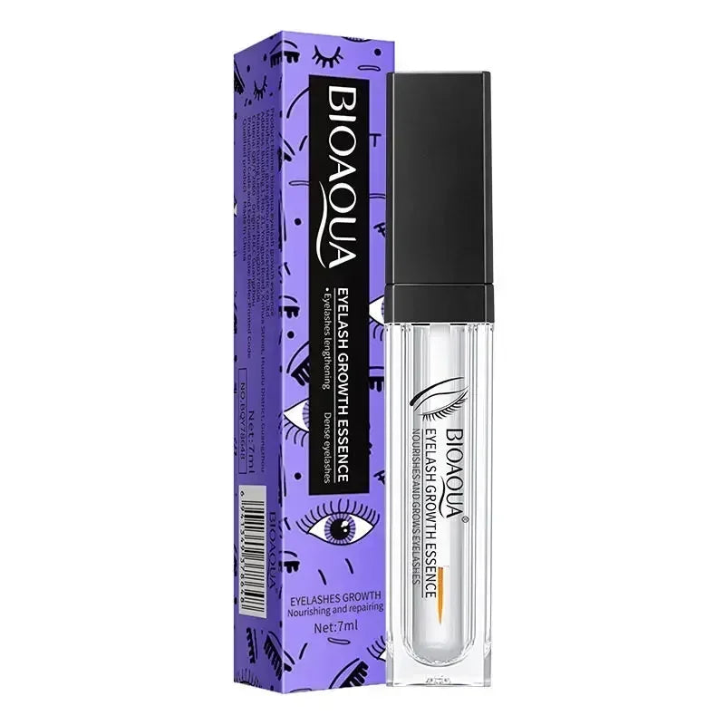 Fast Eyelash Growth Serum in clear tube with black cap, purple packaging with eye illustrations, designed for eyelash and