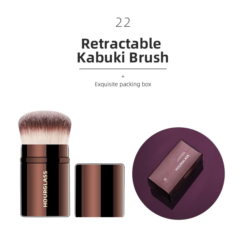 Hourglass Makeup Brushes Powder Foundation Concealer Blusher Bronzer Eye Shadow Eyebrow Eyeliner Sculpting Brush with retractable design, soft bristles, and black bronze handle, in a decorative packing box.