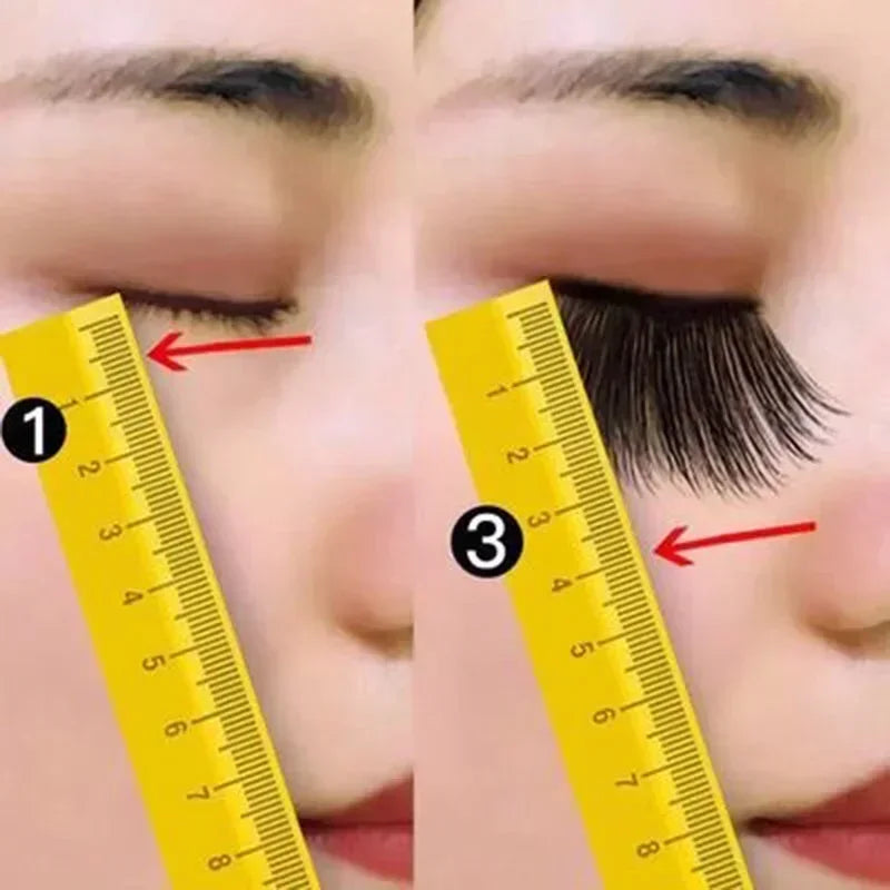 Fast Eyelash Growth Serum 7 Days product shown measuring eyelash length with a yellow ruler, demonstrating growth and