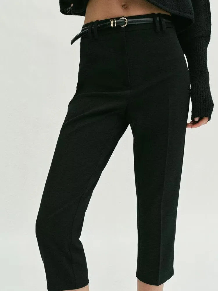 Spring New Arrival Women's Casual Pure Color Capri Pants with Belt, black lightweight leisure trousers with belt, versatile