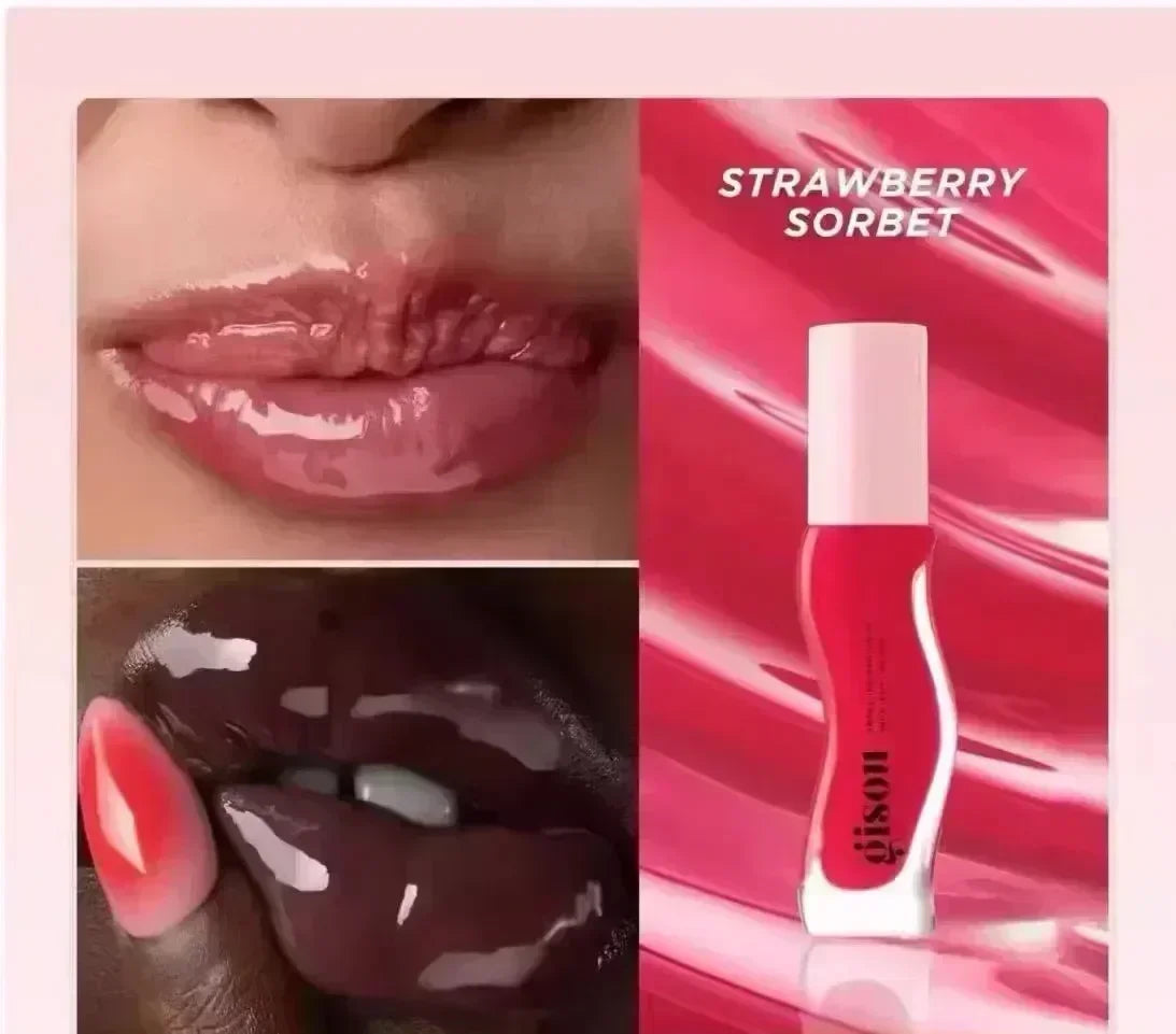 Gisou Moisturizing Watermelon Lip Balm Lip Oil Gloss with glossy pink lips and a red and white packaging, highlighting its