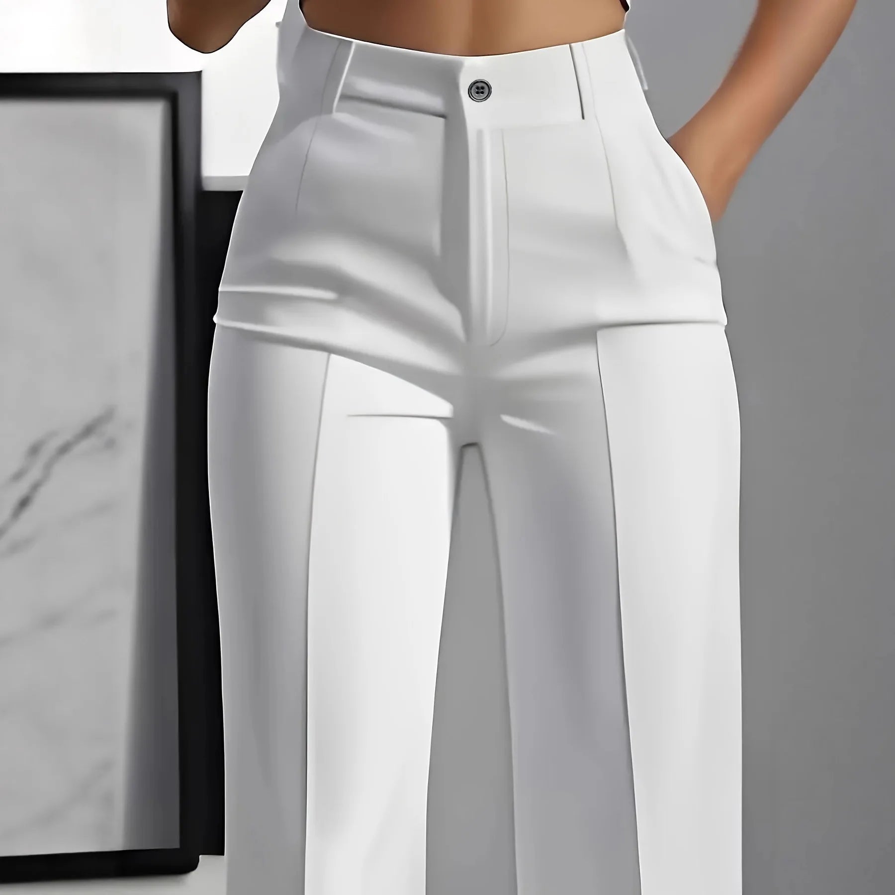 Women's High-Waisted Straight-Leg Formal Office Trousers in white, slim-fit cut, solid-color, made of smooth fabric for professional wear.