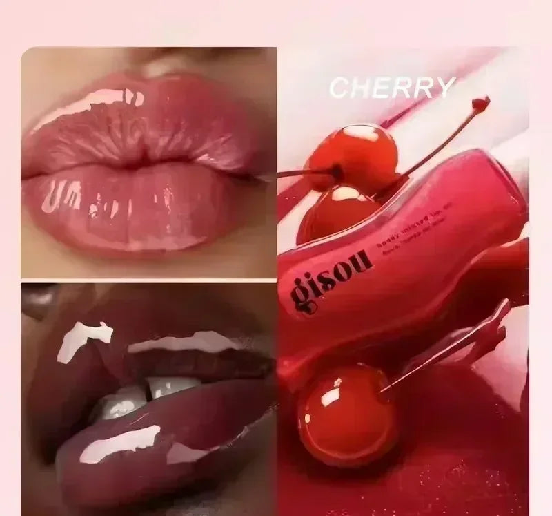 Gisou Moisturizing Watermelon Lip Balm Lip Oil Gloss with red cherry imagery, highlighting glossy, plumping, and exfoliating