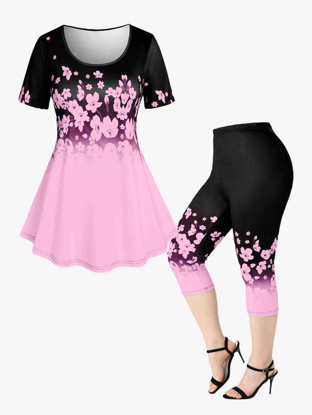 ROSEGAL Plus Size 3D printed floral graphic suit with colorblock pink and black top and matching capri leggings, suitable