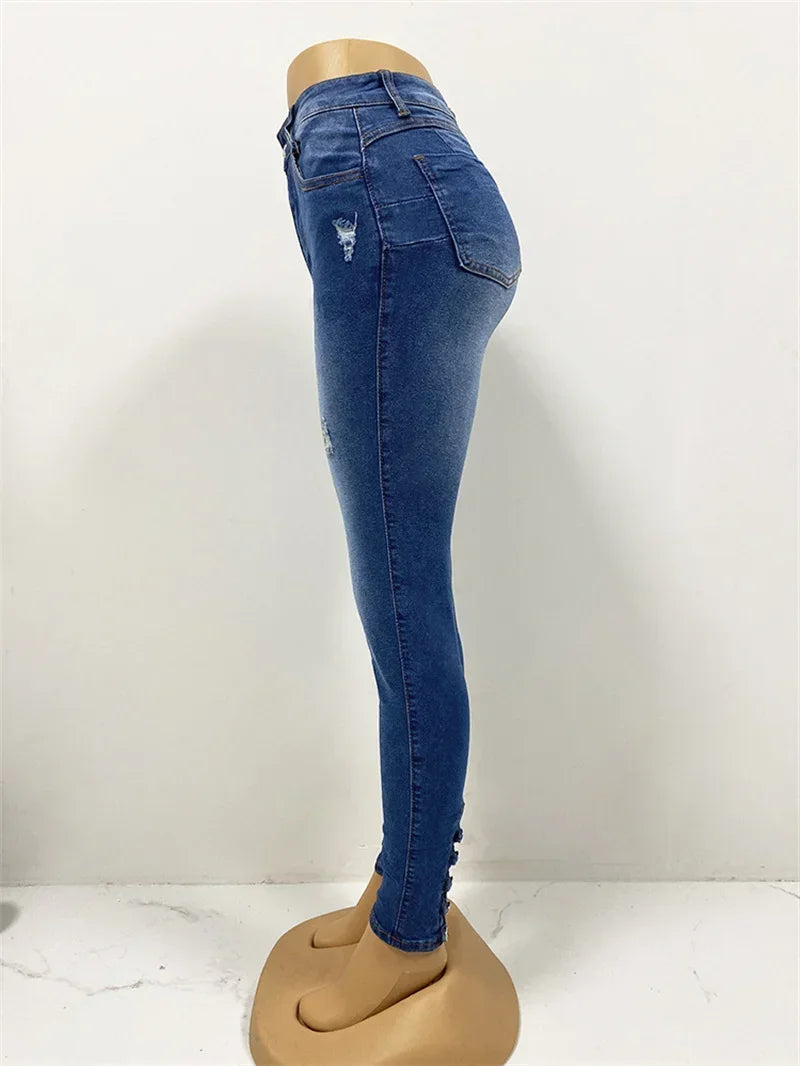 Spring 2025 Fashion Button Jeans Women casual skinny pencil pants with high waist, distressed and stretch denim, on a