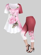 ROSEGAL Plus Size 3D printed floral graphic suit with pink and white colorblock top and matching capri leggings featuring