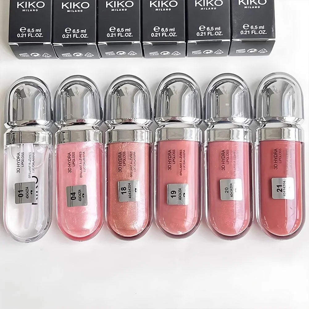 Fashion Kiko 3D Hydra Lip Gloss in pink shades with moisturizing, shimmer finish, waterproof, long-lasting formula.