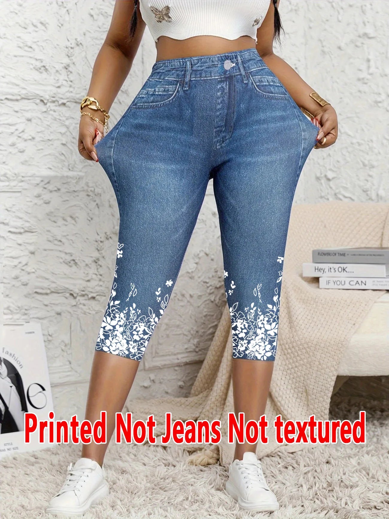Printed Ladies' Seven-Point Leggings with faux denim print, form-fitting, not textured or real denim fabric, worn by a model.