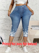 Printed Ladies' Seven-Point Leggings with faux denim print, form-fitting, not textured or real denim fabric, worn by a model.
