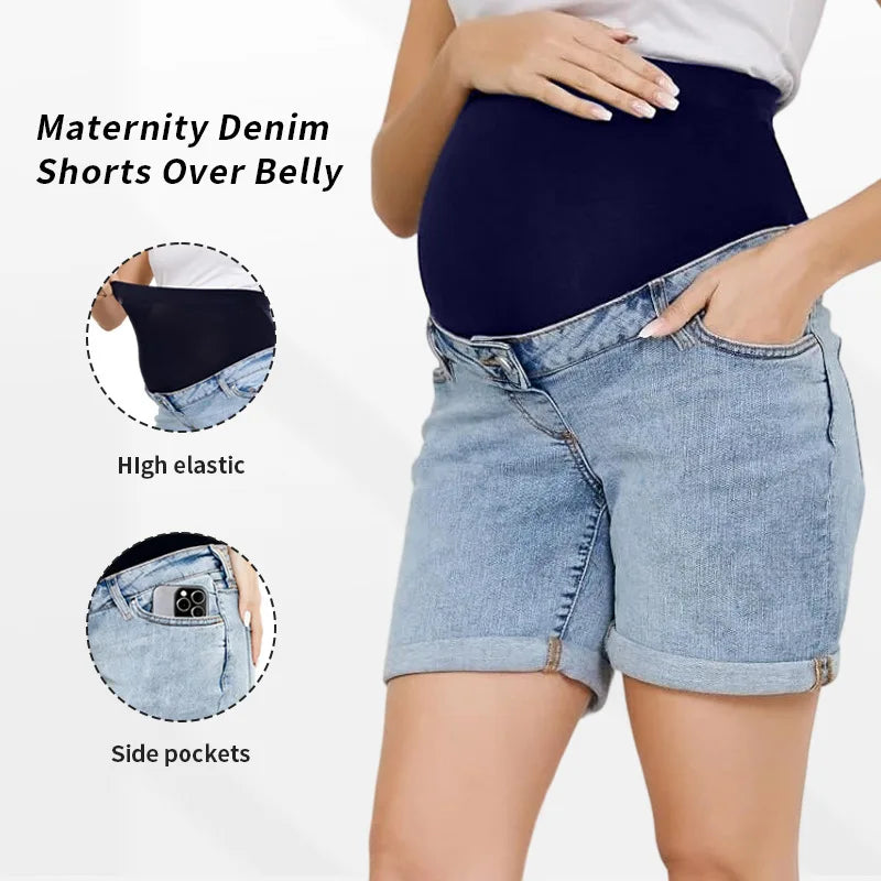 Pregnancy Capri Jeans High Waist Tummy Control Rolled Cuff Denim Shorts showing high elastic waistband and side pockets for maternity comfort