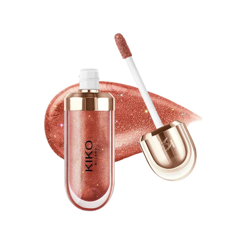 Fashion Kiko 3D Hydra Lip Gloss with shimmer, waterproof, long-lasting moisturizing formula, in a rose gold tube with