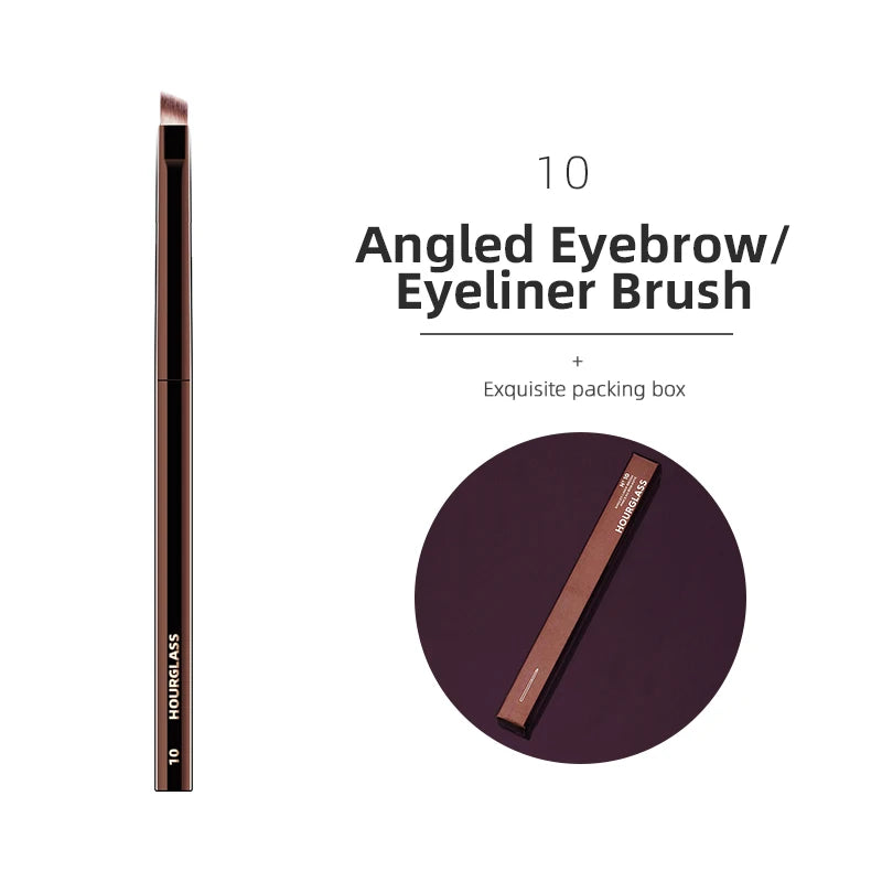 Hourglass Makeup Brushes angled eyebrow and eyeliner brush with brown handle and black tip, packaged in an elegant brown box.