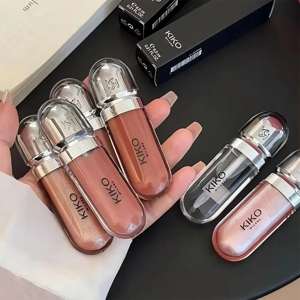 Fashion Kiko 3D Hydra Lip Gloss in peach and nude shades, waterproof, long-lasting, moisturizing with shimmering finish.