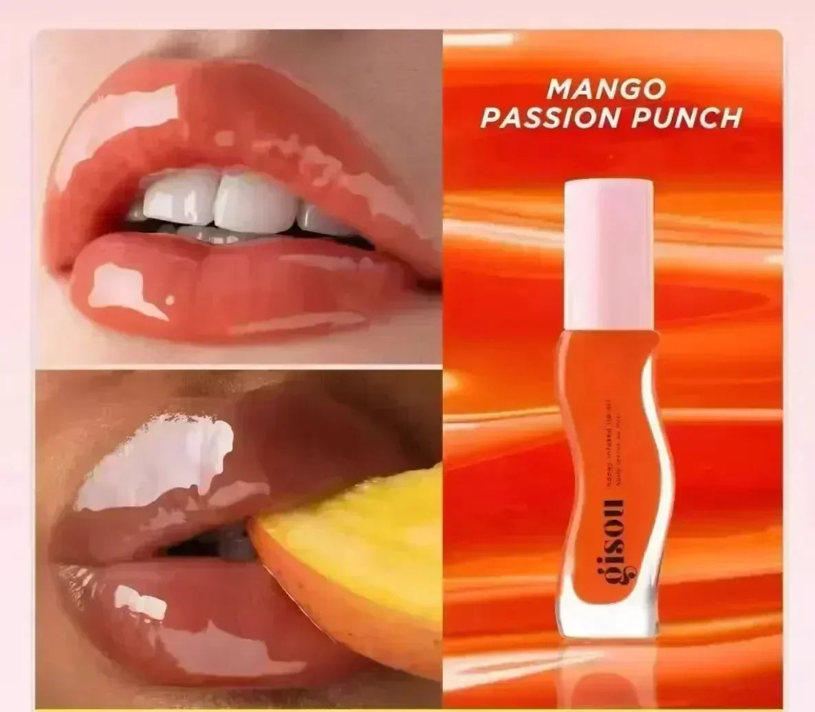 Gisou Moisturizing Watermelon Lip Balm Lip Oil Gloss with plumping and exfoliating properties, shown on lips and next to a