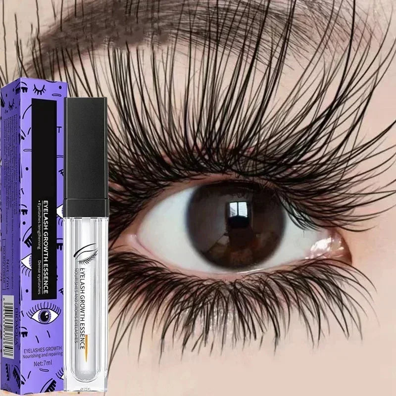 Fast Eyelash Growth Serum 7 Days with black cap and clear bottle, shown next to purple packaging, designed for eyelash and