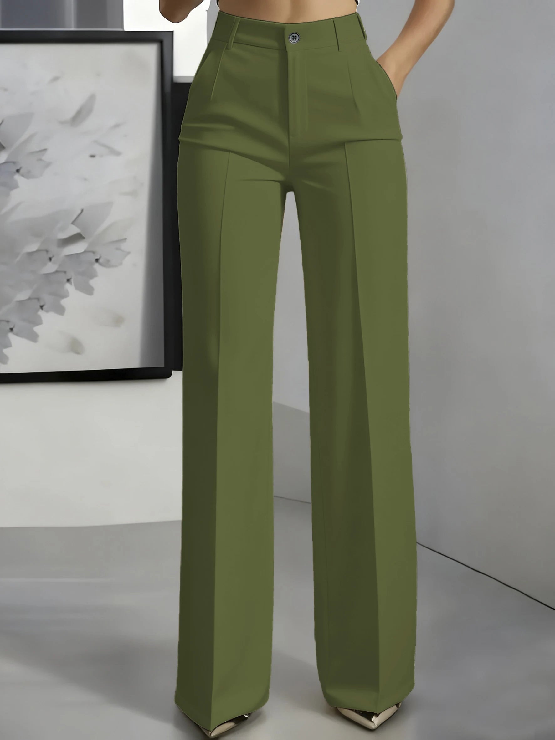 New 2025 Women's High-Waisted Draped Straight-Cut Suit Pants in olive green with a simple European American cross-border fashion style.