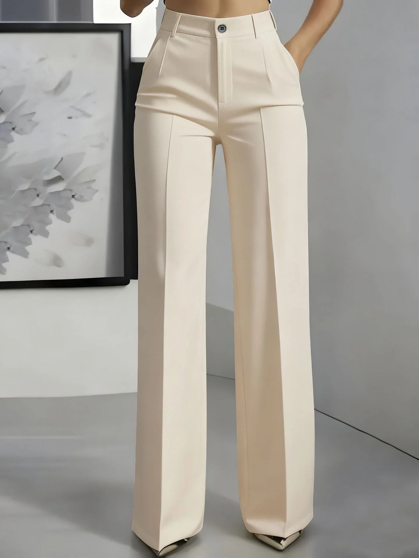 New 2025 Women's High-Waisted Draped Straight-Cut Suit Pants in beige, made of smooth fabric, suitable for European American cross-border fashion.