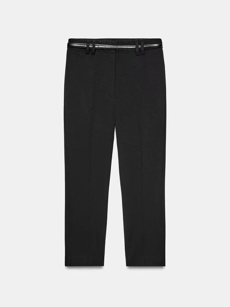 Spring New Arrival Women's Casual Pure Color Capri Pants with Belt, black versatile leisure trousers for spring wear